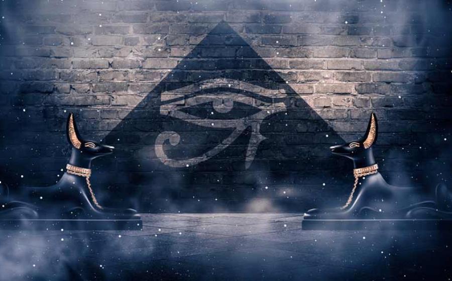 Anubis, the god of death in ancient Egypt, is a jackal-like creature with immense powers. The hieroglyph for Anubis is shown in the center.        Source: MiaStendal / Adobe Stock