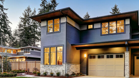 New modern home with lights on