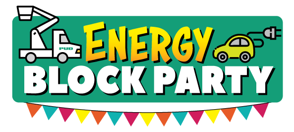 Image of logo with utility truck, ev, green background and dangling flags