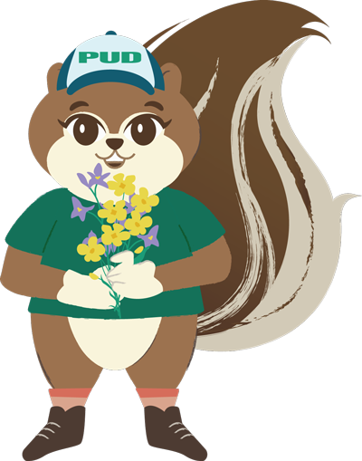 Squirrel mascot Zip holds a bundle of flowers created from seedball 